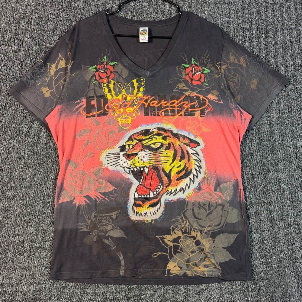 VTG Y2K Ed Hardy Men's‎ XXL Tiger Rhinestone V-Neck Tee Red Black Tattoo Graphic